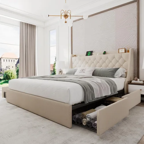 Vista 14 de Einhomn Base de cama tapizada de tamaño completo con 4 cajones de almacenamiento, cama de plataforma con cabecera con respaldo de ala, estación