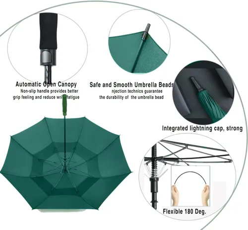 Vista 3 de Paraguas de golf extragrande de 62, 68 y 72 pulgadas, con doble dosel ventilado, resistente al viento, impermeable, de apertura automática