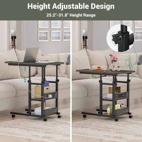 Vista 3 de Mesa auxiliar de altura ajustable con estación de carga, mesa auxiliar móvil para computadora portátil en forma de C con ruedas, mesa de sofá de 3