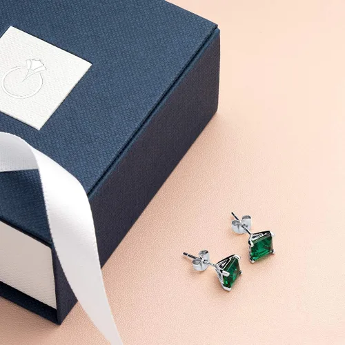 Vista 6 de Peora Aretes de tuerca de esmeralda creados para mujer, oro blanco de 14 quilates, solitario clásico, corte princesa de 2 quilates, 0.236in, parte