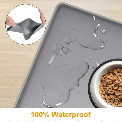 Vista 3 de Mofason Tapete impermeable para alimentos para mascotas, 24 x 16 pulgadas, grande, 0.5 pulgadas, borde elevado, mantel individual de silicona