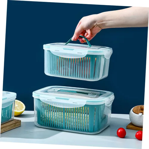 Vista 6 de 3 cajas de almacenamiento apilables para refrigerador con tapas a prueba de fugas y cestas de drenaje internas, escurridor multifuncional