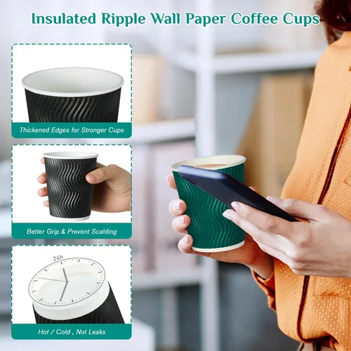 Vista 6 de MUCHII Tazas de café de papel aisladas de 10 onzas, 120 unidades, multicolor, desechables, diseño ondulado para bebidas calientes Multi