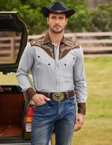 Vista 3 de COOFANDY Camisa vaquera de manga larga bordada con botones para hombre