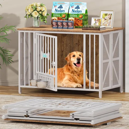 Vista 8 de EasyCom Muebles plegables para perros, jaulas de 31.5 pulgadas para perros pequeños/medianos, perrera de madera para interiores con etiqueta