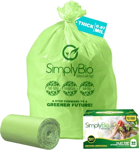 Vista 11 de Simply Bio Bolsas de basura compostables de 13 galones con cordón de cierre, extra gruesas de 1 mil, 49.21 litros, 30 bolsas, bolsa alta de cocina