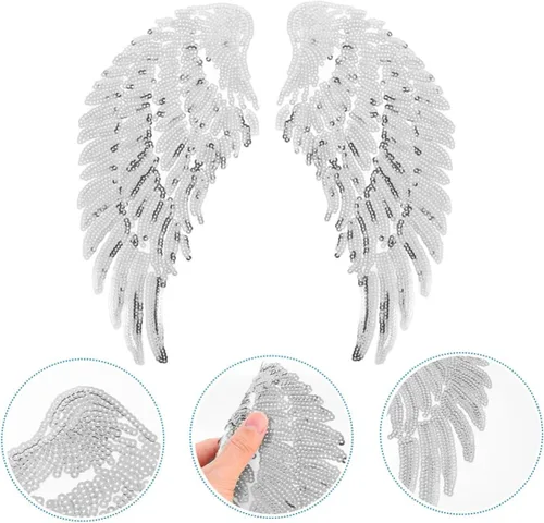 Vista 7 de Sequin Angel Wings Embroidery Patch DIY Clothes Sewing Applique Silver Sparkling Cloth Decoration for Costume and Craft
