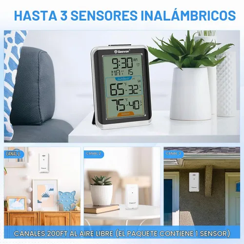 Vista 5 de Geevon Termómetro e higrómetro inalámbrico para interiores/exteriores, sensor digital de temperatura y humedad con hora, reloj, rango de 200 Negro B