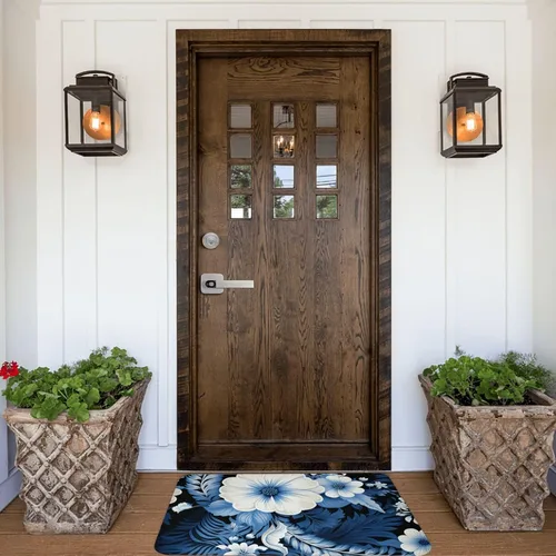 Vista 7 de Tapete para puerta delantera, tapete de bienvenida con estampado floral azul y blanco, absorbente, antideslizante, tapete de entrada suave, alfombra