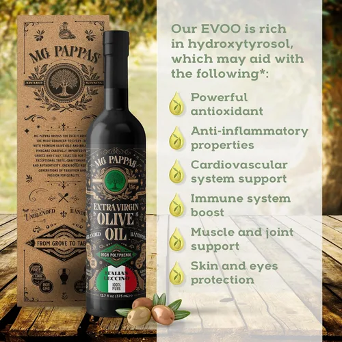 Vista 4 de M.G. PAPPAS Aceite de oliva orgánico italiano extra virgen prensado en frío, galardonado, AOVE sin filtrar, sin gluten, sin alérgenos, aceite