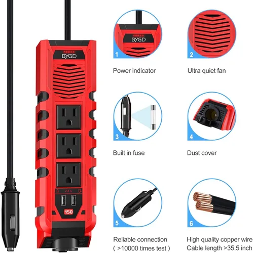 Vista 5 de Inversor de corriente para automóvil de 150 W, convertidor de CC de 12 V a 110 V CA con 3 salidas de CA, 2 cargadores rápidos, 4.8 A, puertos USB