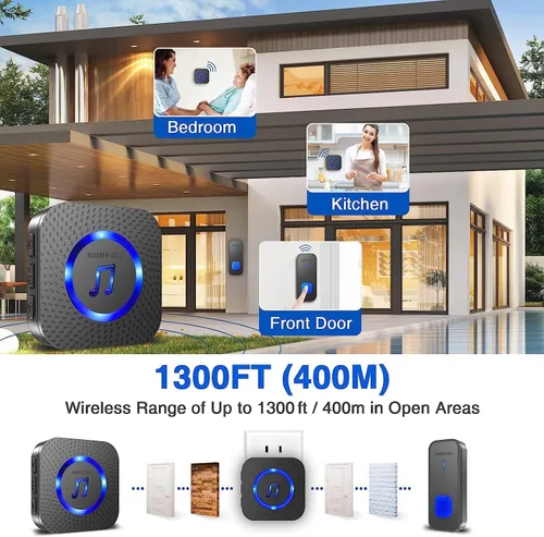 Vista 2 de SURFOU Timbre inalámbrico, impermeable, fácil instalación - rango de 1300 pies, 55 tonos, 5 niveles de volumen ajustables - flash LED