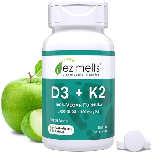 Vista 10 de EZ Melts D3, 5000 IU, vitaminas solubles, cero azúcar, sabor natural a manzana, libre de GMO, pastillas de disolución rápida, salud ósea e
