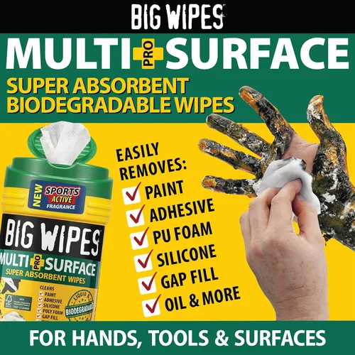 Vista 4 de BIG WIPES Recipiente multisuperficie resistente, paños de limpieza súper absorbentes para manos, superficies y herramientas, recipiente de 80