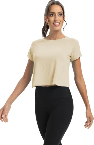 Vista 5 de Mippo Camisetas de entrenamiento para mujer, recortadas, con espalda dividida, atléticas, para gimnasio, ejercicio, ajuste holgado