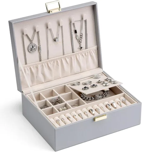 Vista 9 de Vlando - Joyero de 2 capas, joyero organizador grande para mujeres, bandeja de joyería removible para collares, aretes, anillos, pulseras, joyeros
