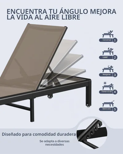 Vista 6 de Tumbona de aluminio para patio al aire libre con ruedas, color Caqui