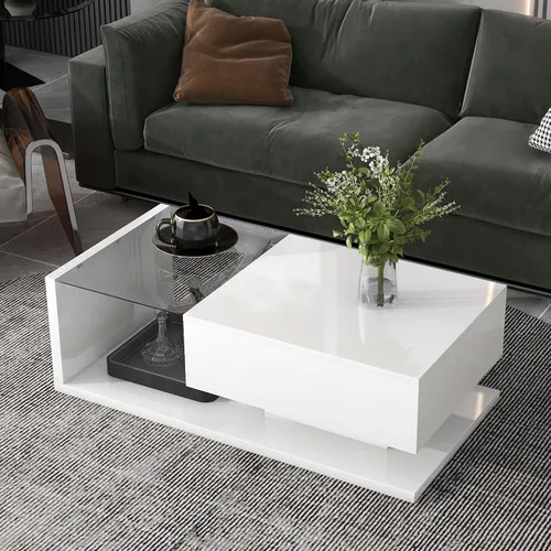 Vista 10 de LUMISOL Mesa auxiliar rectangular de 2 niveles con vidrio templado, moderna mesa de cóctel con superficie UV de alto brillo, mesa central de diseño