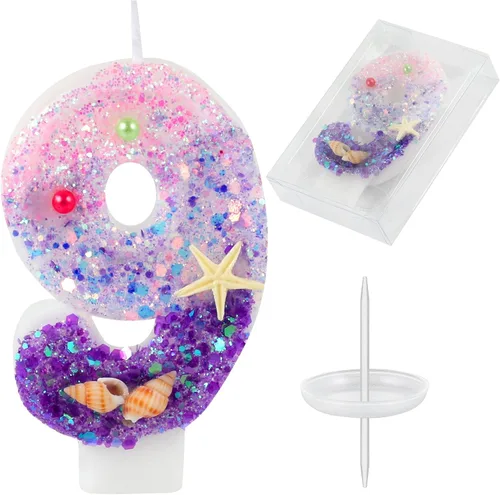 Vista 16 de Velas de cumpleaños, velas rosas y moradas del número 0 decoradas con caracolas, estrellas de mar y perlas para fiesta temática de sirena Morado