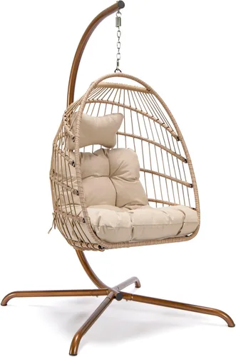 Vista 9 de NICESOUL Acogedora silla colgante con soporte para interiores y exteriores, silla columpio de mimbre para patio con cojín y patas doradas, 350