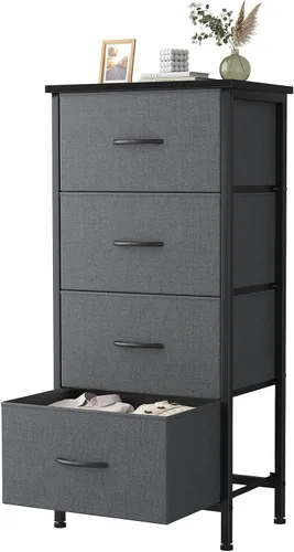 Vista 15 de Sweetcrispy Cómoda alta de tela para dormitorio, cómoda delgada de 6 cajones, torre de almacenamiento estrecha con parte superior de madera y marco