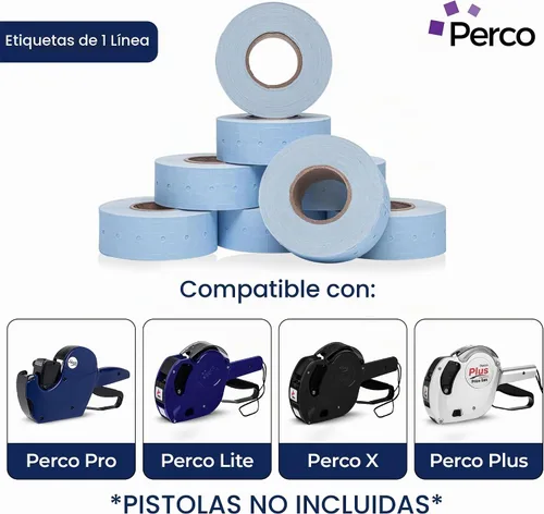 Vista 2 de Etiquetas azules Perco de 1 línea - 8 rollos, 1 funda, 8,000 etiquetas en blanco para pistolas de precio y fecha de 1 línea Perco - Fabricadas