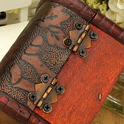Vista 3 de Hofumix - Joyero con pequeño cofre del tesoro, caja vintage hecha a mano para anillos de madera, caja con mini cerradura de metal para almacenar