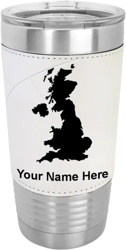 Vista 22 de LaserGram 20oz Vacuum Insulated Tumbler Mug, Country Silhouette United Kingdom, Personalized Engraving Included (Faux Leather, Baseball Style)