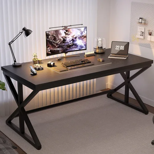 Vista 10 de IBF - Escritorio de oficina negro, moderno escritorio de metal de madera para computadora en oficina, 47 pulgadas