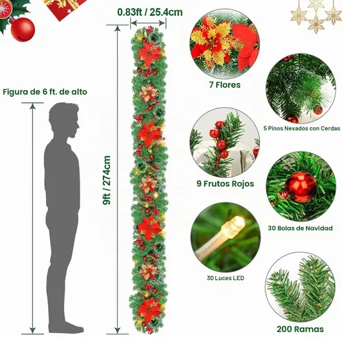 Vista 4 de Guirnalda de Navidad artificial preiluminada, ratán verde con decoraciones de flores rojas y luces LED que funcionan con pilas para escaleras