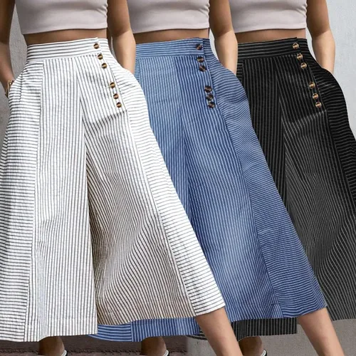 Vista 3 de Celmia Culottes - Pantalones de pierna ancha para mujer cintura elástica botones y bolsillos capris