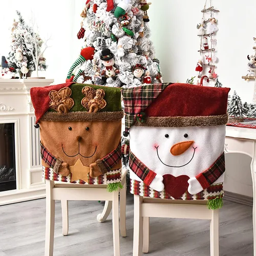 Vista 3 de IUIBMI 6 fundas para sillas de Navidad, fundas para sillas de mesa de cena de Navidad, Papá Noel y muñeco de nieve 3D, cubierta trasera