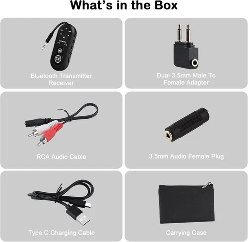 Vista 5 de Receptor transmisor Bluetooth 5.4 para avión, adaptador Bluetooth 2 en 1 con baja latencia, compatible con 2 auriculares, adaptador de transmisor