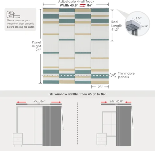 Vista 4 de Persianas verticales ajustables para puertas corredizas de vidrio, de 45.8" a 86" de ancho, hasta 96" de alto, riel extensible para persianas