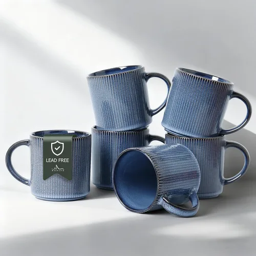 Vista 13 de MONITO - Juego de 4 tazas de café de 16 onzas, juego de tazas de café rústicas de cerámica con asa Vintage Striped Stoneware Large Coffee Mugs for