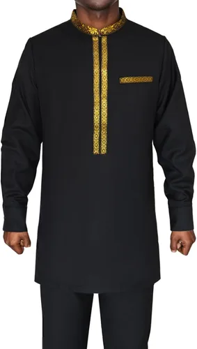 Vista 3 de Conjunto de camisa y pantalones bordados dorados africanos para hombre, trajes tradicionales tribales