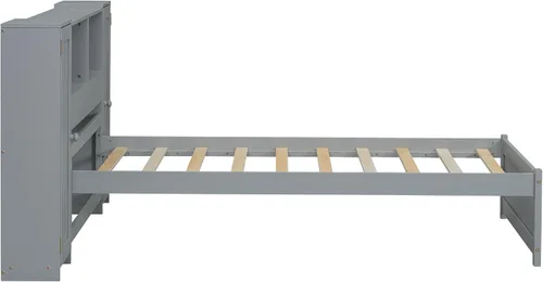 Vista 7 de Cama de plataforma de tamaño individual con cabecera de almacenamiento y taquillas, cabecera de almacenamiento multifuncional con 3 estantes Gris-t
