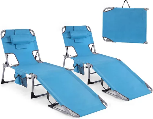 Vista 18 de Tangkula Silla de bronceado con agujero frontal, plegable y ajustable para patio, silla reclinable, para playa, tomar el sol, con bolsillo lateral