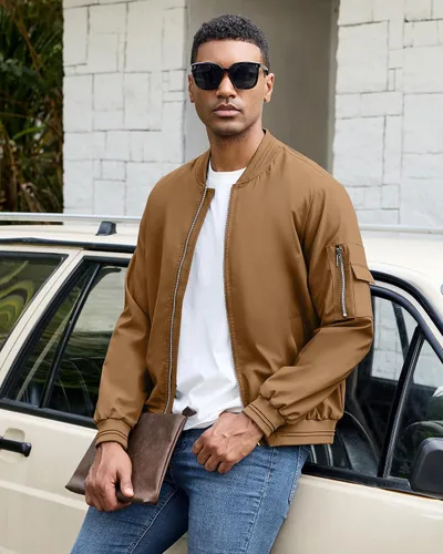 Vista 6 de Polu Chaquetas bomber para hombre con bolsillos, chaquetas cortavientos ligeras, cremallera de 2 vías, abrigo casual de negocios para otoño e