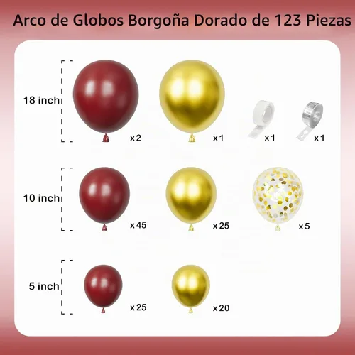 Vista 2 de Kit de guirnalda de arco de globos dorados burdeos, 123 globos metálicos de confeti para cumpleaños, aniversarios, Año Nuevo, compromisos, bodas
