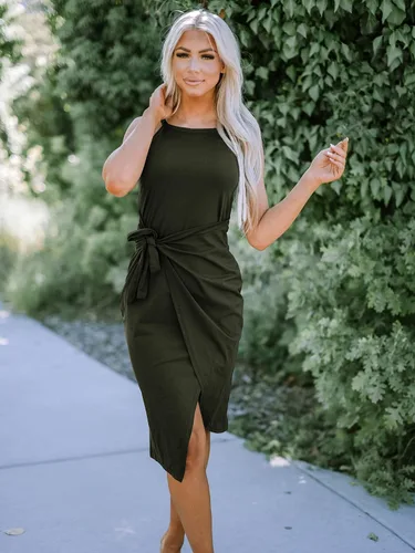 Vista 3 de NOLLSOM Vestido casual sin mangas a rayas para mujer vestido por debajo de la rodilla de verano con cuello halter fruncido entallado con lazo