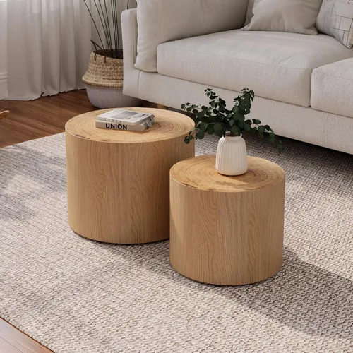 Vista 10 de Juego de 2 mesas de centro anidadas, modernas mesas de centro redondas de madera, mesa auxiliar decorativa para espacios pequeños, sala de estar