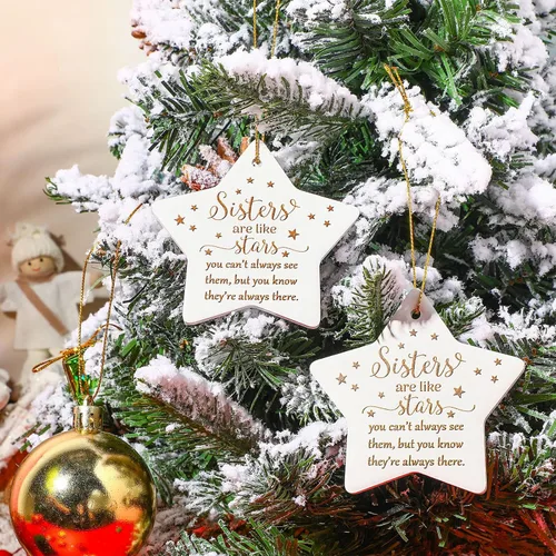 Vista 3 de Adorno colgante de cerámica con forma de estrella de Navidad, letrero colgante de hermanas son como estrellas, primos por sangre, árbol de Navidad