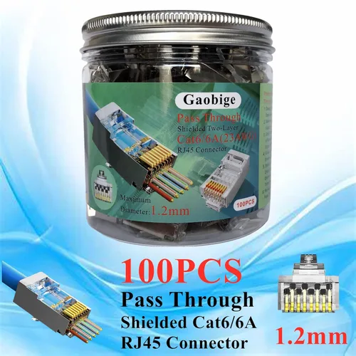 Vista 2 de Gaobige 100-Pack de conectores de paso RJ45 Cat6 Cat6A, conectores blindados de 1.2mm para cable sólido de 23AWG y cable estándar