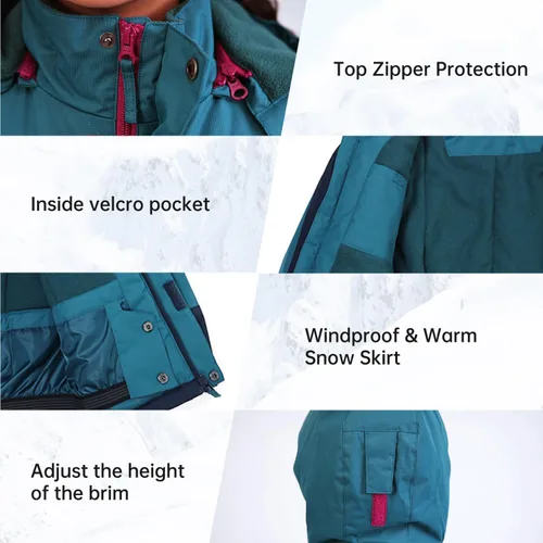 Vista 41 de Chaqueta de esquí impermeable para niñas, chaqueta de snowboard para exteriores, resistente al viento, con forro polar, abrigo de nieve cálido