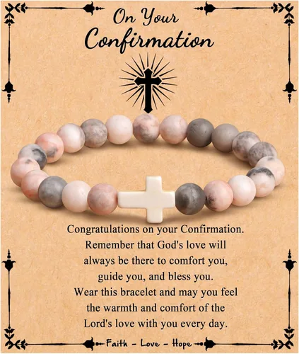 Vista 26 de JoycuFF Regalos Cristianos, Pulseras de Cruz para Mujeres, Joyería Cristiana Católica Religiosa de Fe de Pascua, Pulseras de Piedra Natural