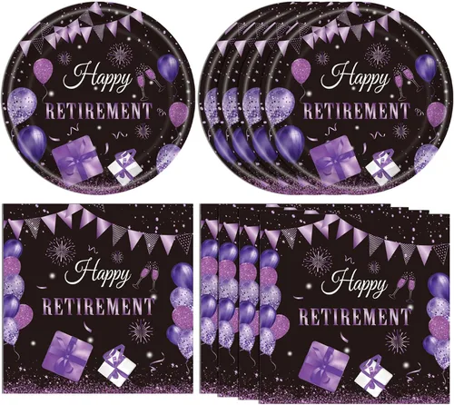 Vista 11 de Juego de 40 piezas de vajilla desechable para fiestas de jubilación para hombres y mujeres, color negro y plateado, incluye platos de jubilación