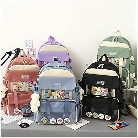 Vista 3 de Linda mochila kawaii, 4 piezas, mochila de lona, regalo con colgante de oso, bolsa de lápiz, bolsa de hombro, bolsa de almuerzo para niñas y niños