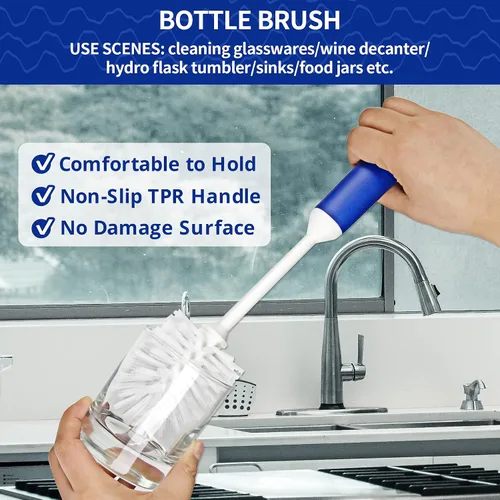 Vista 4 de CELOX Juego de cepillos de cocina con mango ergonómico, cepillos de limpieza profunda, incluye cepillo para platos (azul)