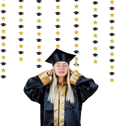Vista 5 de Guirnalda de Decoraciones de Fiesta de la Clase de Graduación 2026 Negro-Dorado - Banderines y Serpentinas de Sombrero de Graduado con Estrella